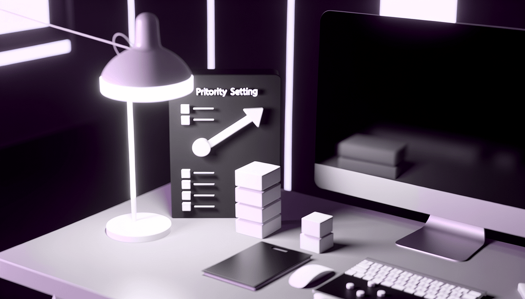 Backlog Management Prioritätensetzung minimalistisches Bürosetup mit abstrakten 3D-Formen und Strategietafel