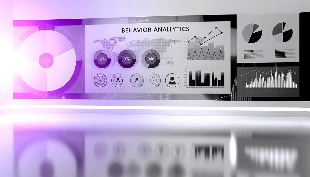 Minimalistische Visualisierung von Behavior Analytics in Schwarzweiß mit lila Akzenten und abstrakten Datendiagrammen