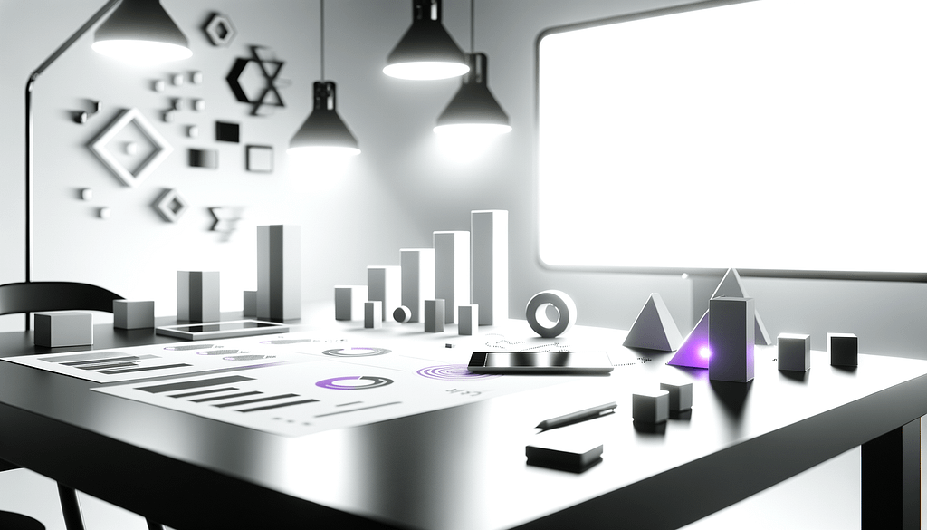 Benchmarking Strategien in minimalistischem Corporate Design mit abstrakten 3D Formen und Technologie