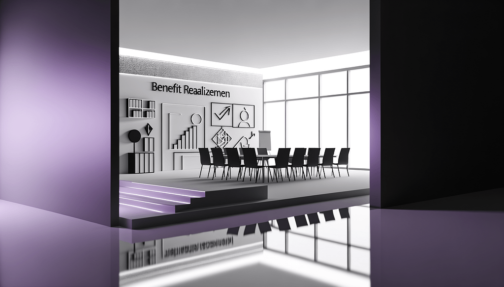 Minimalistische Schwarzweißszene mit lila Akzenten zeigt Benefit Realization in moderner Unternehmensumgebung
