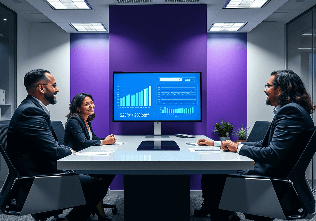 Drei Fachleute diskutieren Provisionen am modernen Bürotisch mit digitalen Charts