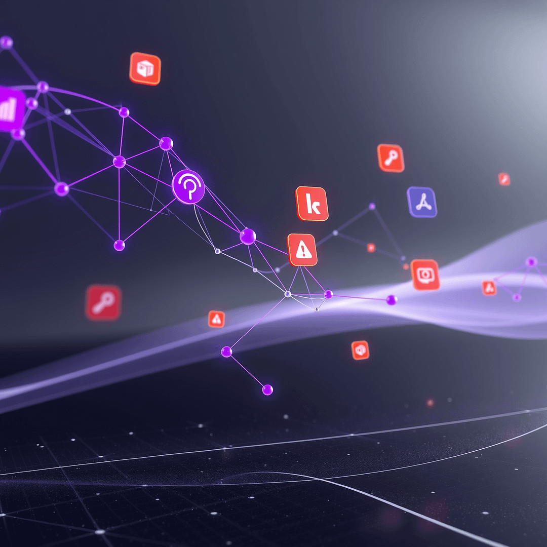 Hyperrealistische AI neuronale Netzwerkvisualisierung mit Social Media Symbolen in Schwarz Weiß und Lila