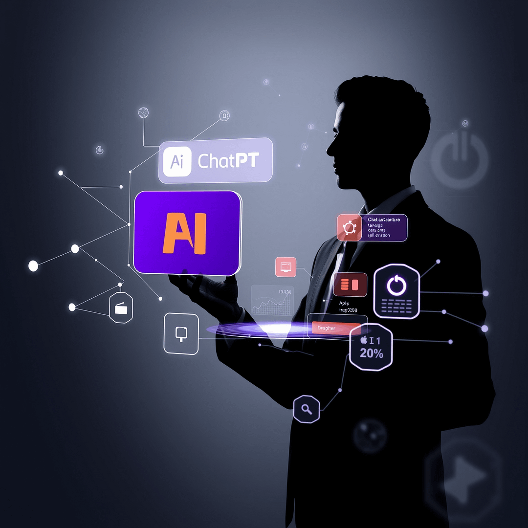 KI Coaching AI Assistenten Schnittstelle interagiert mit Geschäftsperson im minimalistischen Tech Design