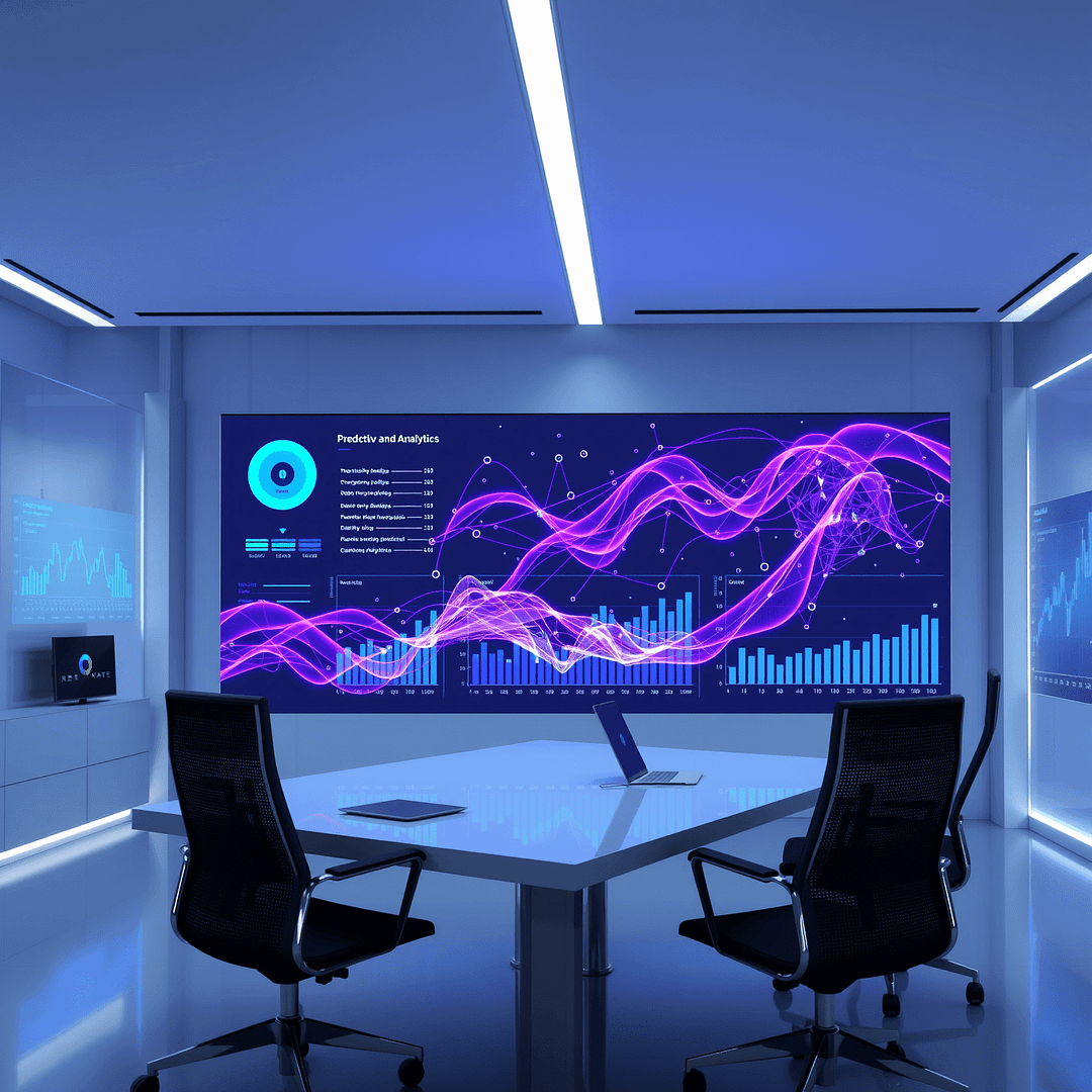 Moderne KI gestützte Trendanalyse in minimalistischem Büro mit holographischen UI Elementen und lila neuralen Netzwerken