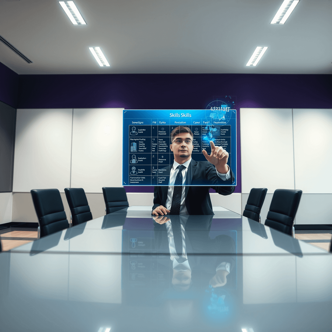 Professioneller analysiert Skills Gap mittels digitaler Matrix im minimalistischen Büro mit lila Akzentwand und holographischen Visualisierungen