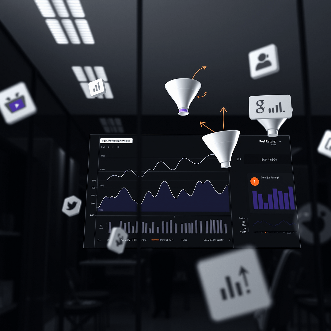 Minimalistisches B2B Office Dashboard mit Analysegrafiken und Conversion Funnels in 3D B2B Conversion Rate Optimierung