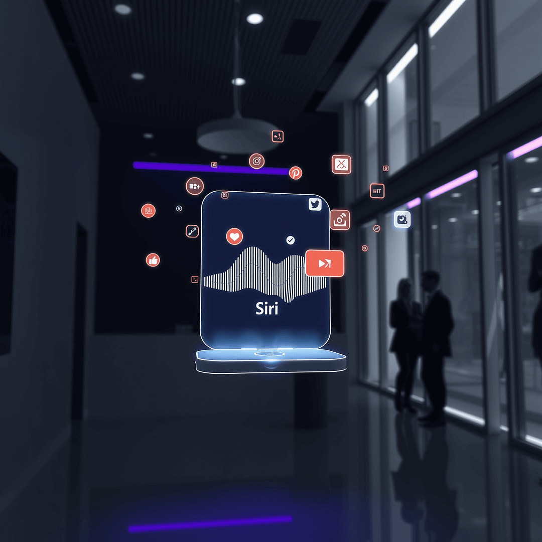 Apple Siri Hologramm in modernem Büro mit purpur Akzentlicht und Hubspot orangen Social Media Icons