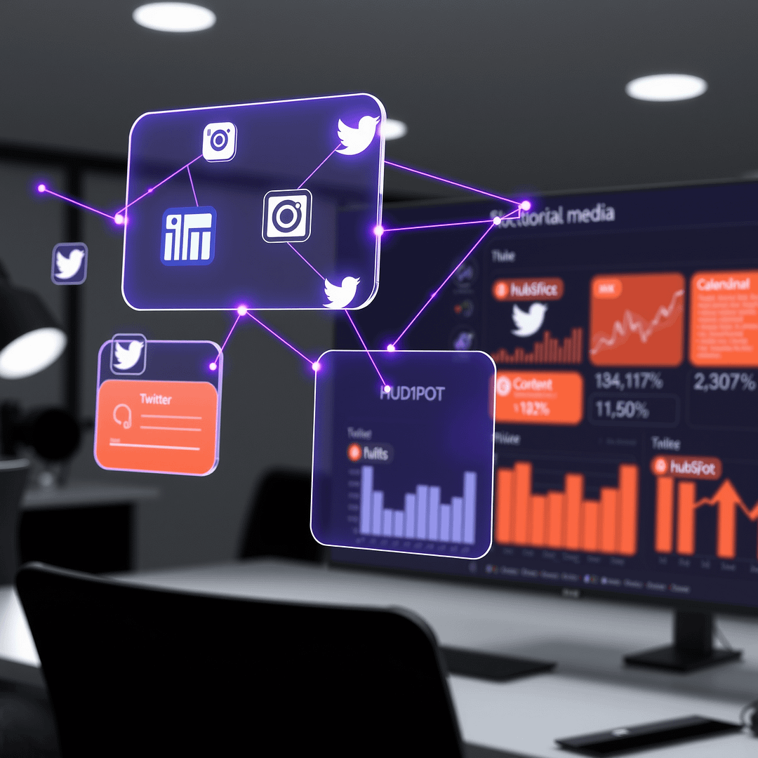 Hyperrealistisches minimalistisches Social Media Dashboard mit B2B Checkliste Netzwerklinien in Lila und Hubspot Orange Notifications