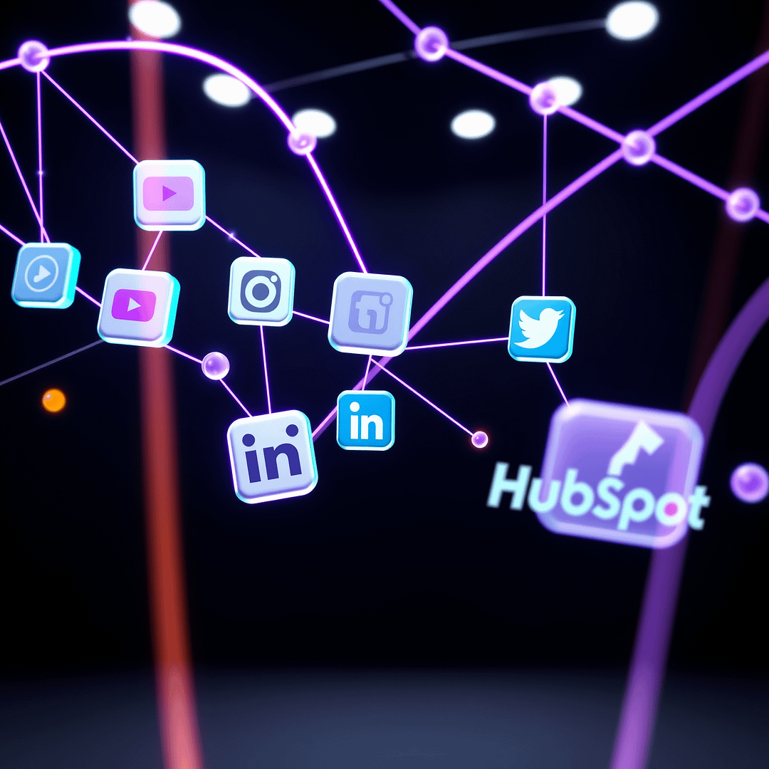 Hyperrealistische Szene mit schwebenden Social Media Icons wie YouTube Instagram LinkedIn TikTok verbunden durch lila Netzwerke auf schwarzweißem Gradientenhintergrund