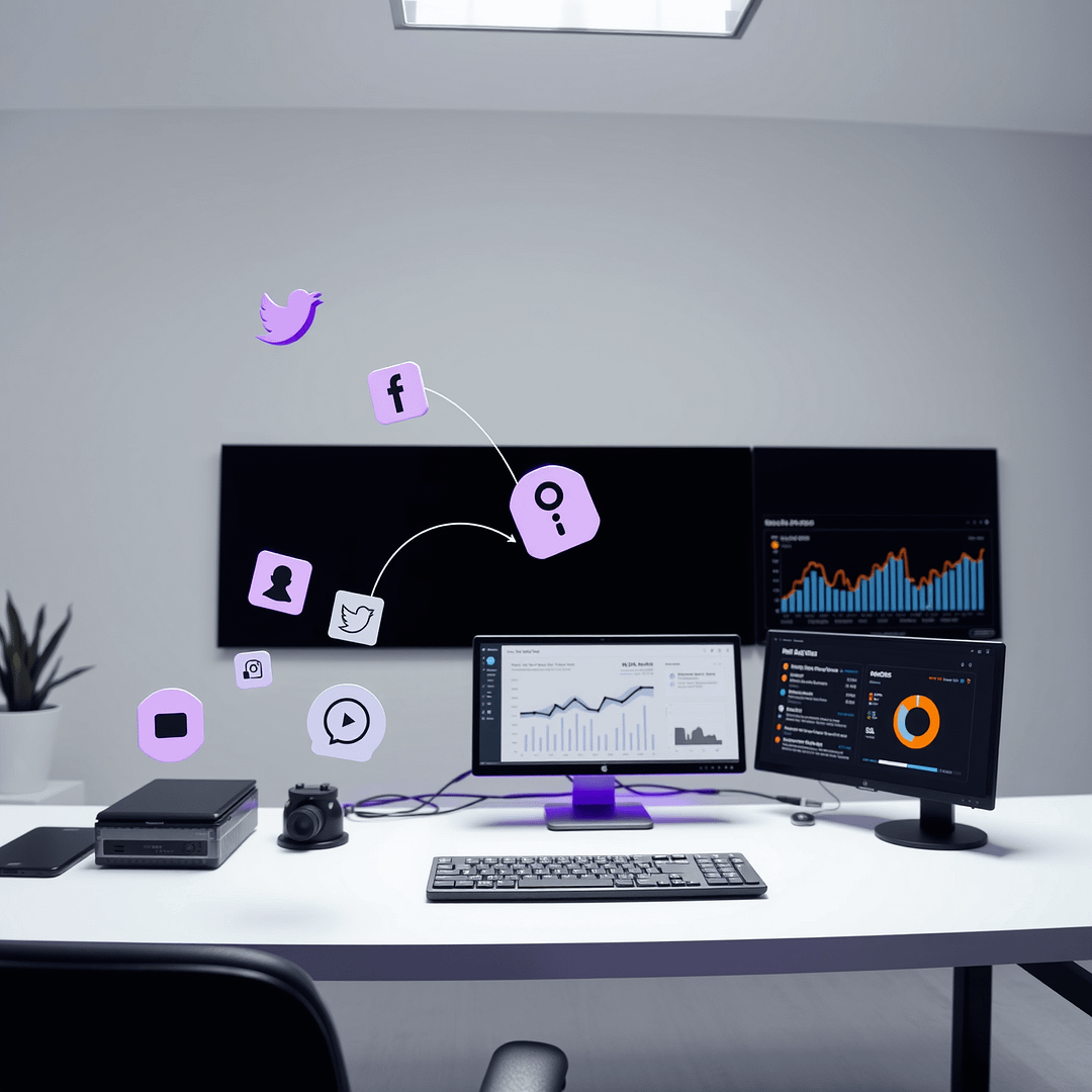 Minimalistisches Büro mit SEO Metriken auf Bildschirmen und Hubspot Analytics Dashboard in B2B Keyword Research