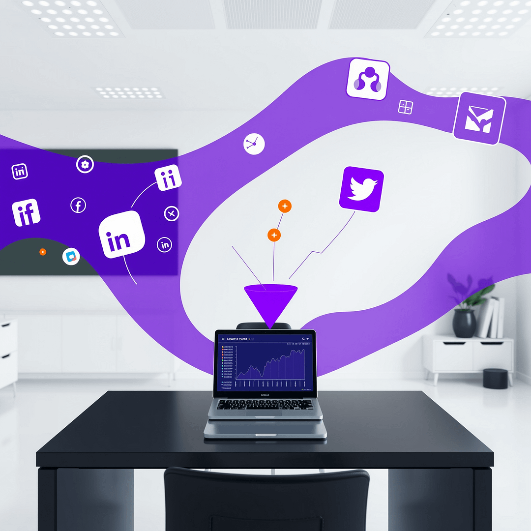 Hyperrealistisches 4K Bild mit B2B Lead-Generierungskonzept in minimalistischem weißen Büro mit Social-Media-Icons die in Lead-Trichter übergehen und orange Konversionsindikatoren auf schwarzem Schreibtisch mit Laptop