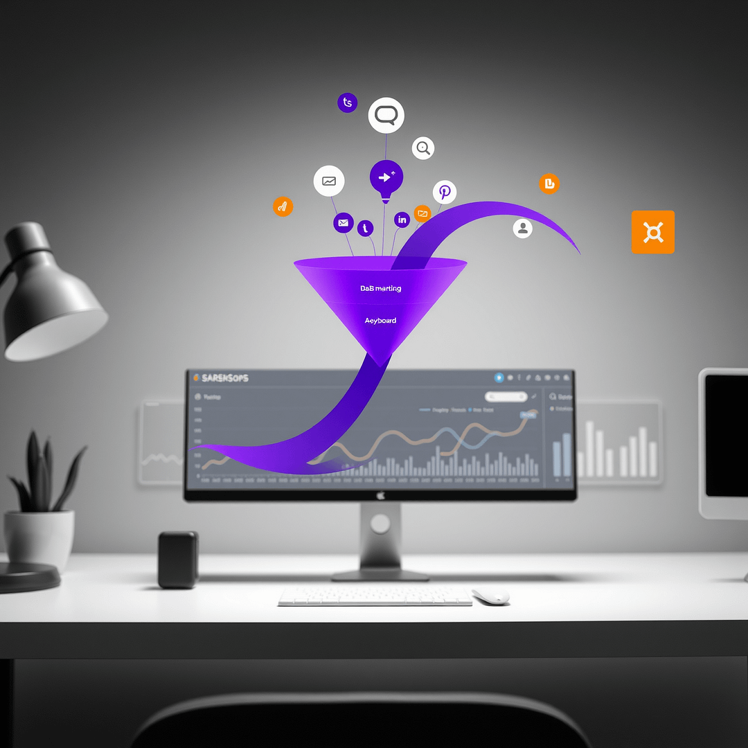 Hyperrealistische Marketing Dashboard Visualisierung mit B2B Buyers Journey Funnel und Keyword Clustern in Schwarz Weiß und Lila
