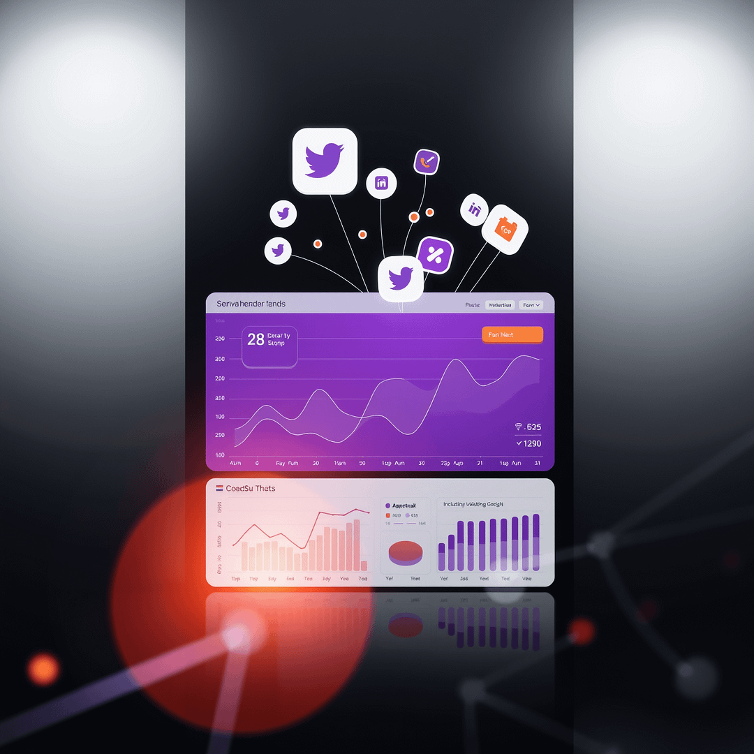 Hyperrealistische minimalistische Corporate Szene mit modernem Marketing Dashboard Inclusive Marketing Trends Highlights in Hubspot Orange und tiefem Lila