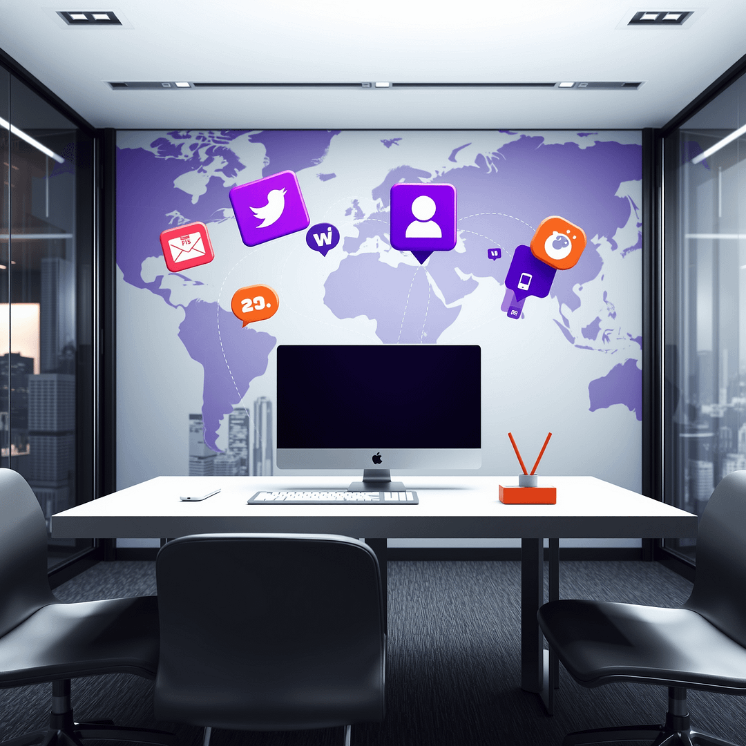 Hyperrealistische 4K Szene internationale Expansion B2B mit modernem Büro Weltkarte Social Media Icons