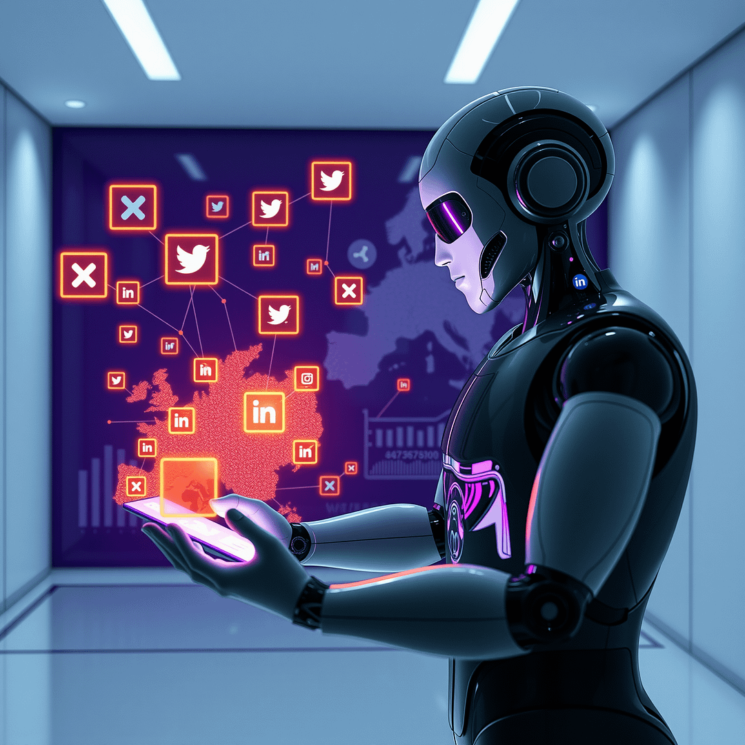 AI Roboter im B2B-Marketing analysiert Datenflüsse in minimalistischem Tech Szenario mit Akzentbeleuchtung in Deep Purple und Orange