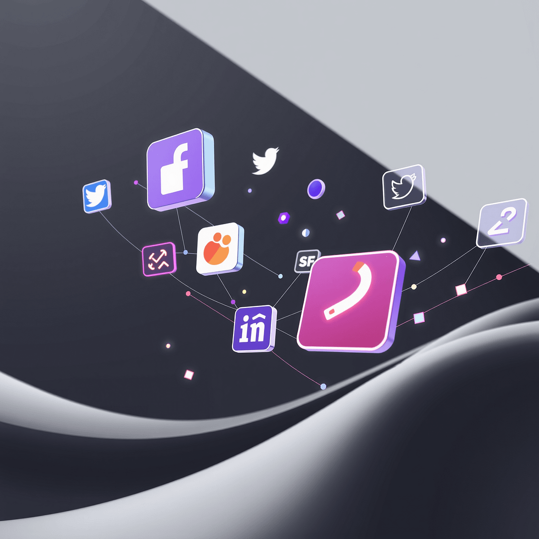 Minimalistische Szene Social Media Marketing mit schwebenden Icons und Datenflüssen KI Visualisierung in Lila und Orange