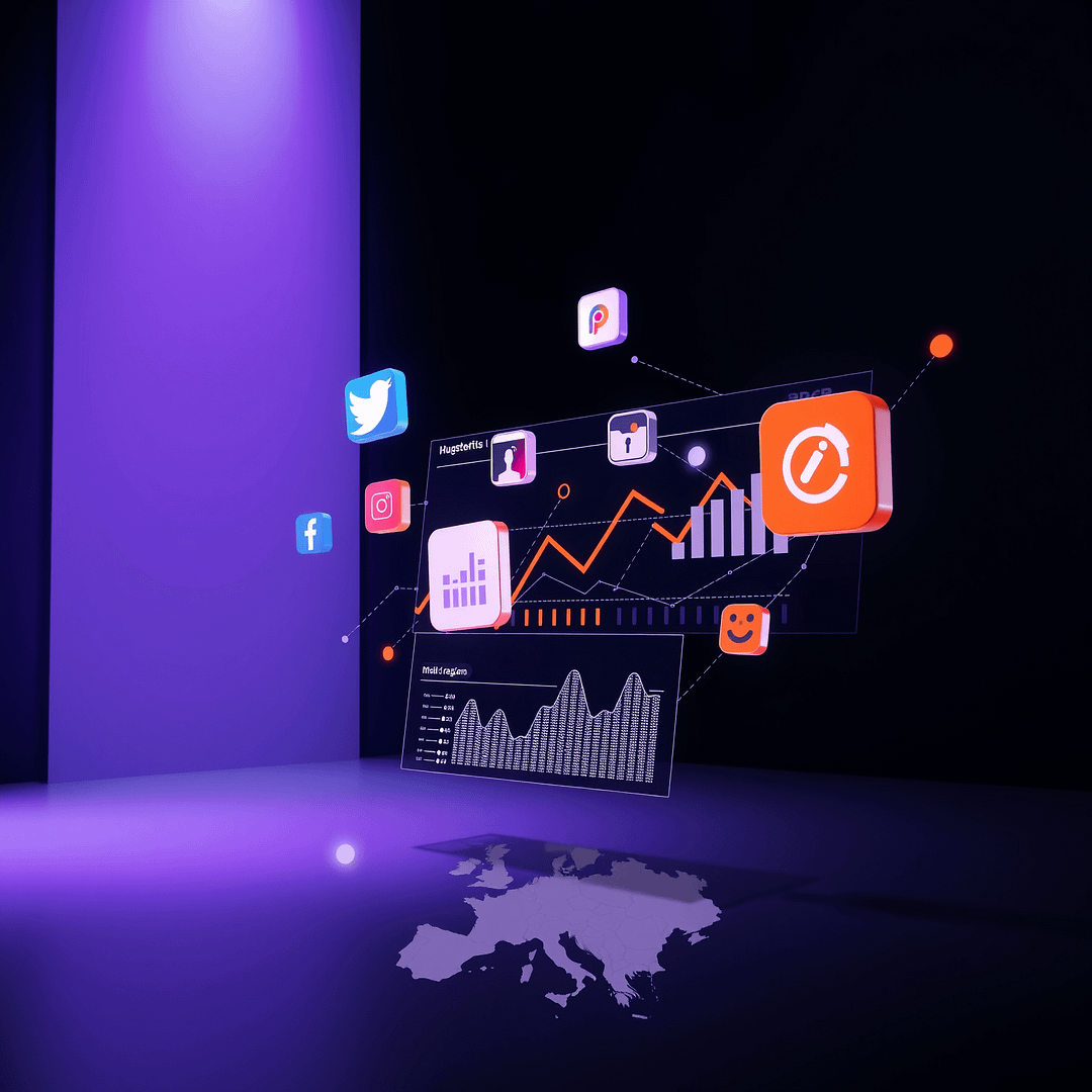 Hyperrealistische 4K Szene mit Social Media Icons Datenströmen und DACH Karte für Konsumententrends 2025