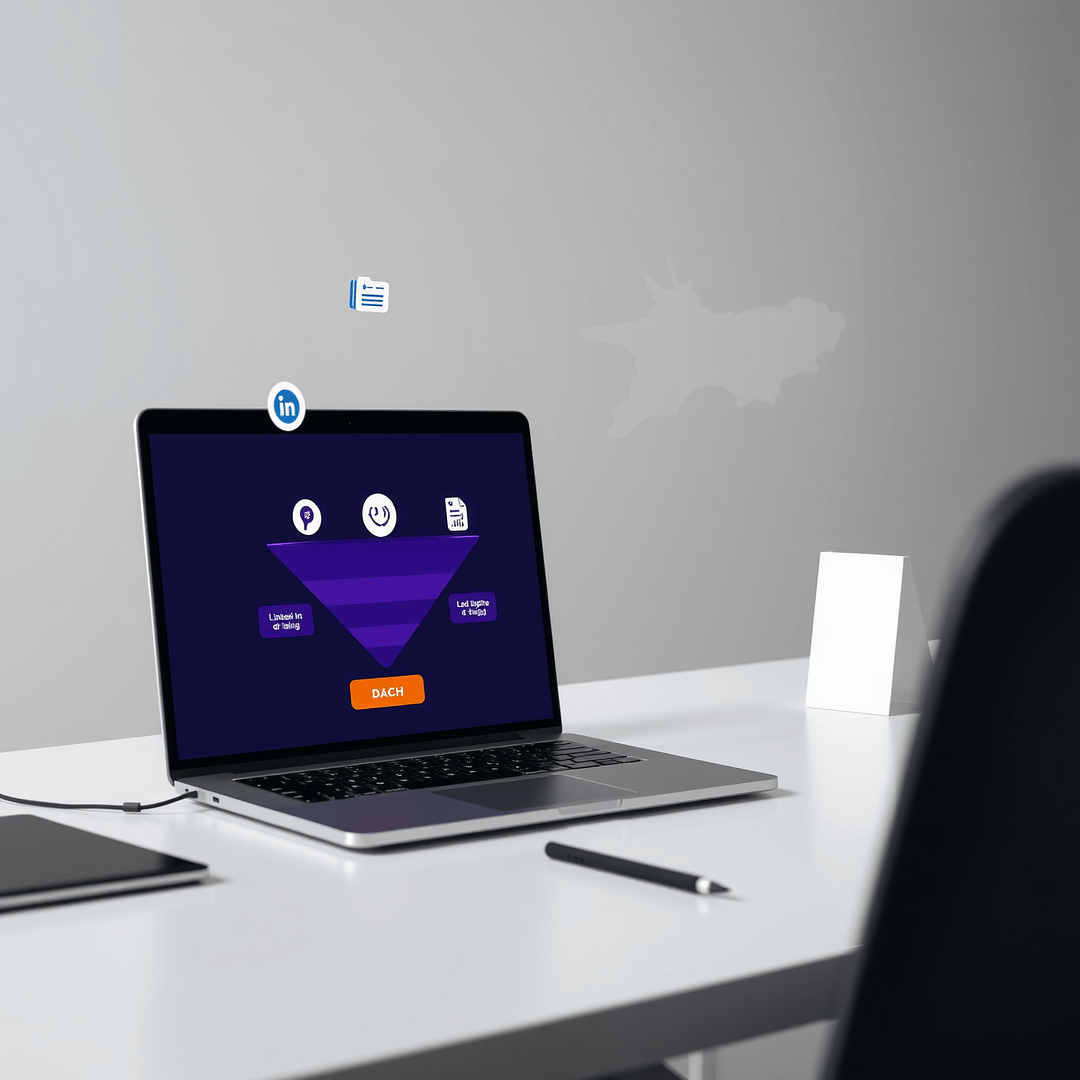 Minimalistisches Büro mit Laptop Lead Capture Form B2B DACH Funnel Grafiken und CTA Button
