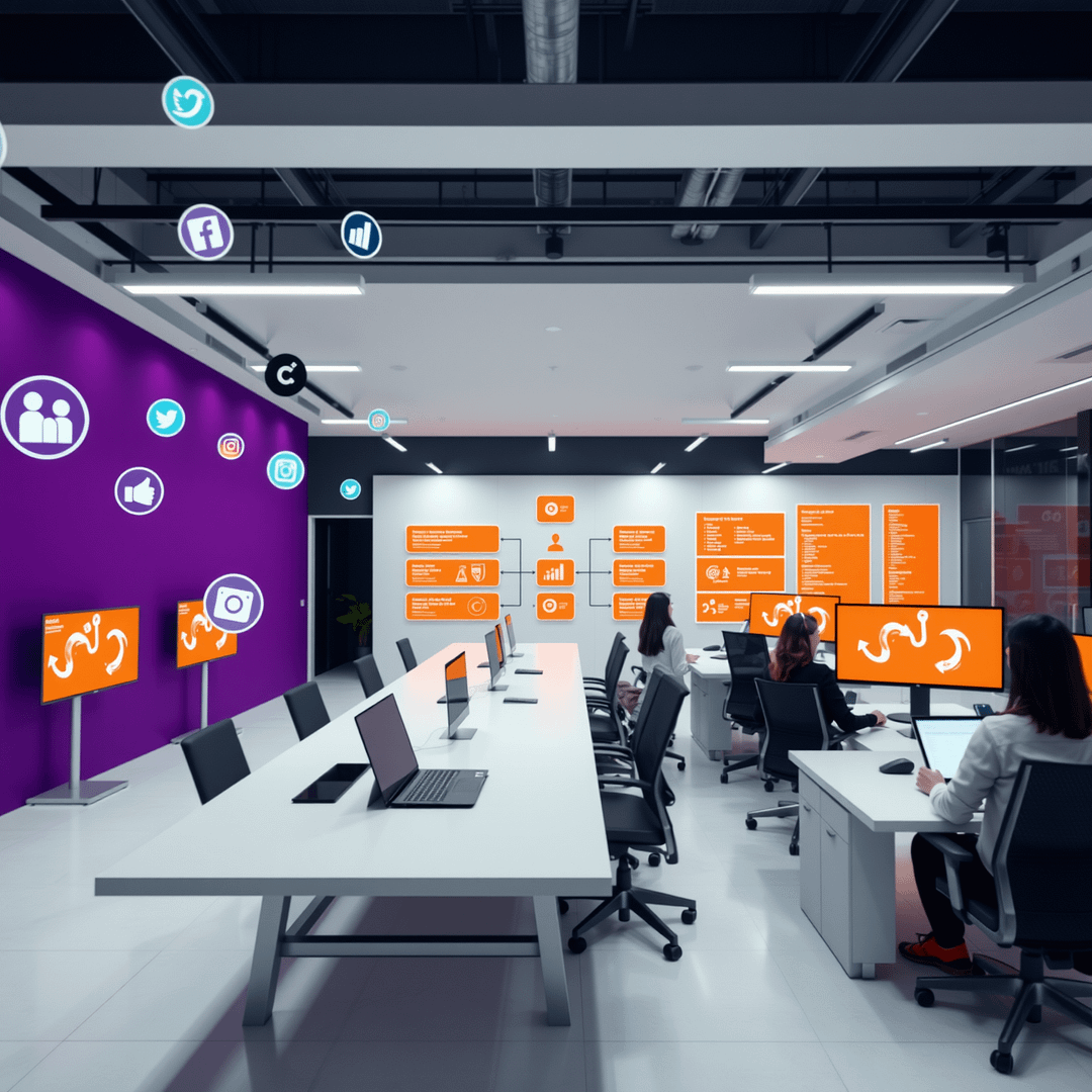 Hyperrealistische Marketing Teamstruktur im modernen Büro mit digitalen Anzeigen und Matrix Diagramm