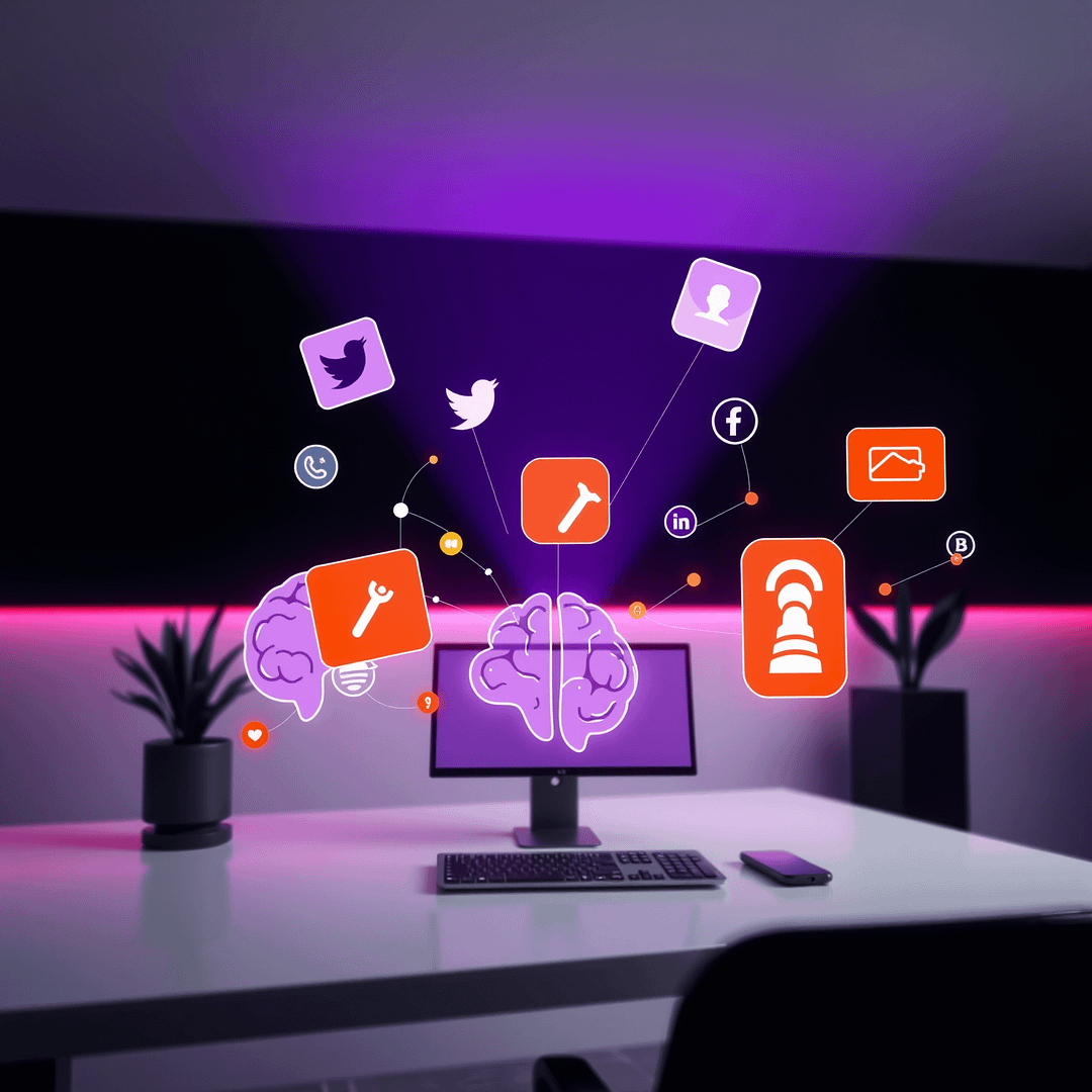 Minimalistischer Arbeitsplatz mit sozialen Medien Symbolen und Datenflüssen im B2B Marketing personalisiert