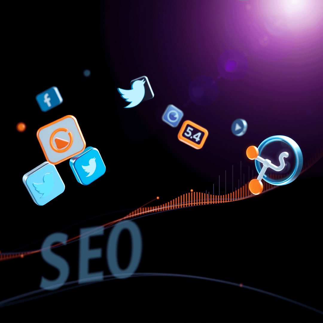 Hyperrealistische minimalistische Marketingdarstellung mit schwebenden Social Media Icons und Datenflüssen in Schwarz Weiß und tiefem Lila erleuchtet Ranch-Style SEO visualisiert