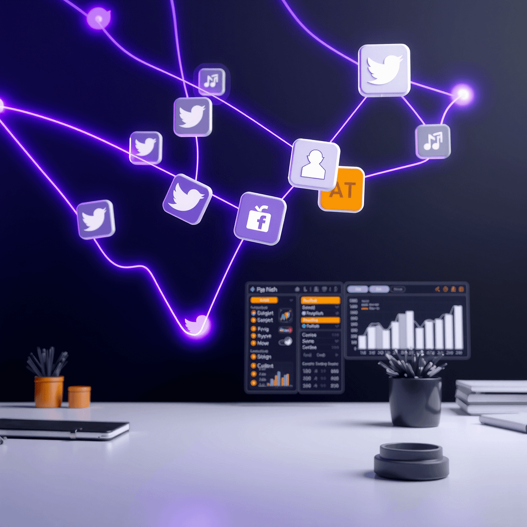 Hyperrealistische 4K minimalistische Arbeitsplatz mit Social Media Management Tools Icons in violett und orange Akzenten