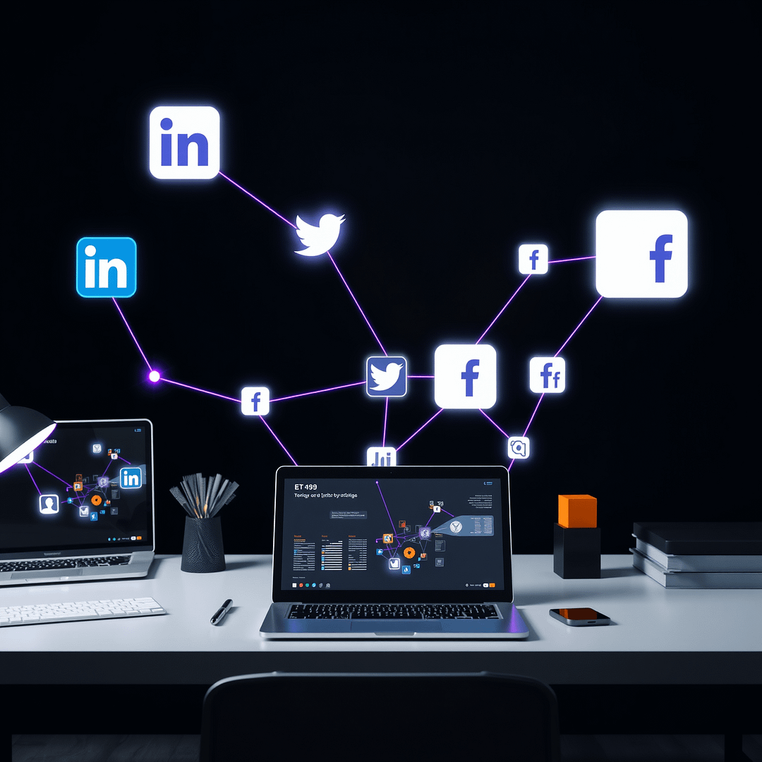 Minimalistische Social Media Marketing Szene mit vernetzten Icons LinkedIn Twitter Facebook in Deutschland