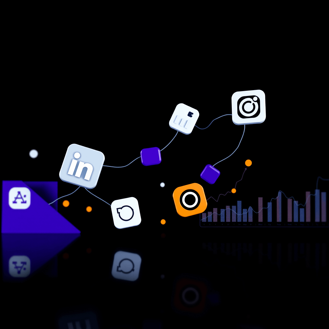 Hyperrealistische Darstellung sozialer Medien Symbole für B2B Social Media Werbung mit Datenflüssen und modernem Design in dunklem Hintergrund
