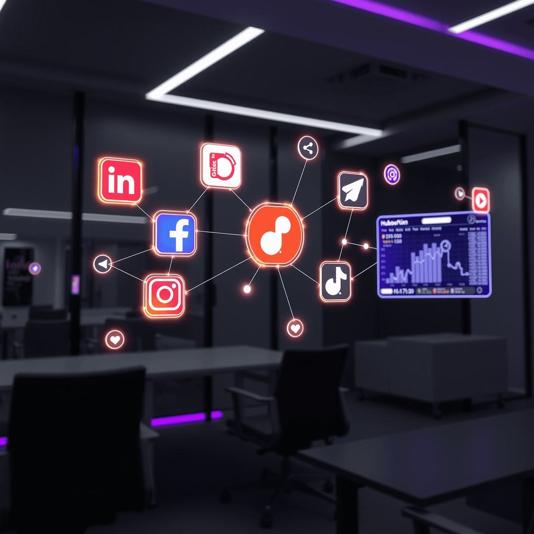 Hyperrealistischer digitaler Marketingarbeitsplatz mit Social Media Icons und Datenflüssen beleuchtet in Deep Purple und Hubspot Orange für Verbrauchertrends 2025