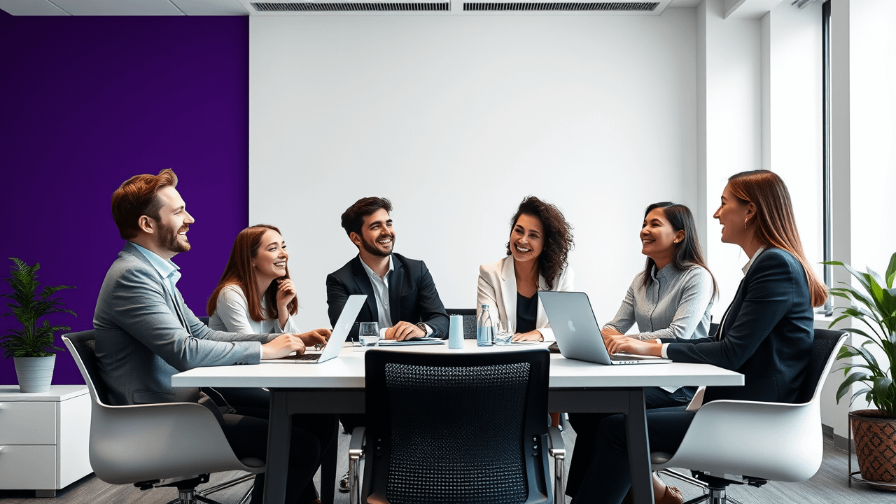 Junge Fachkräfte lachen in modernem minimalistischen Büro für mehr Spaß bei der Arbeit in schwarzweiß mit lila Akzentwand
