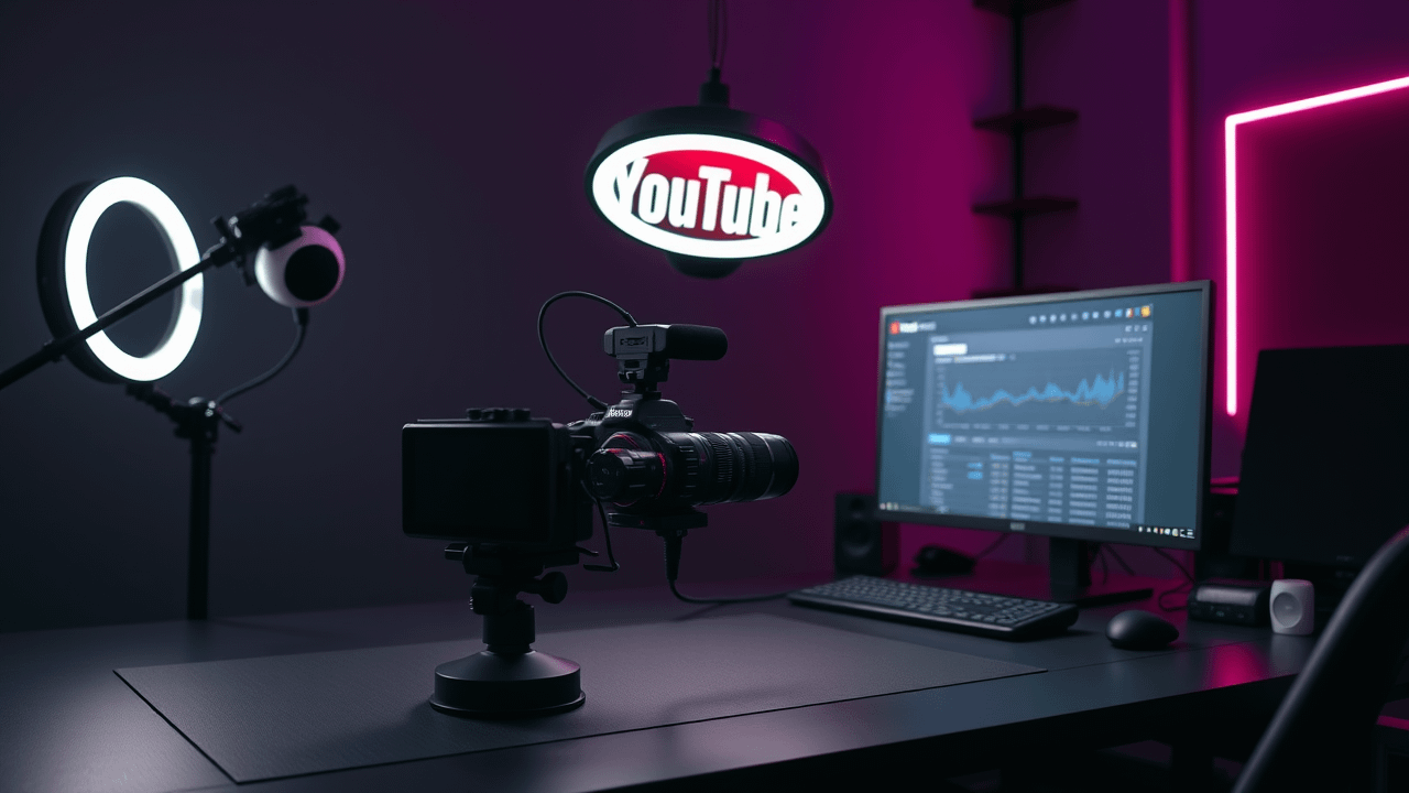 Hyperrealistisches Studio für YouTube Optimierung mit professioneller Kamera und dunklem minimalistischem Schreibtisch